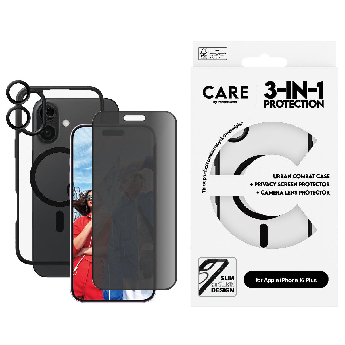 PanzerGlass® | CARE™ by PanzerGlass® 3-in-1 Privacy Pakke iPhone 16 Plus